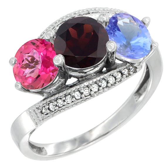 14K White Gold Natural Pink Topaz, Garnet & Tanzanite 3 stone Ring Round 6mm Diamond Accent, size 5