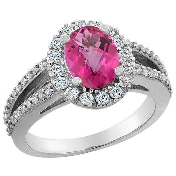 14K White Gold Natural Pink Topaz Halo Ring Oval 8x6 mm with Diamond Accents, size 6.5