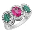 thumbnail image 1 of 14K White Gold Natural Pink Topaz & Malachite 3-Stone Ring Oval Diamond Accent, size 8.5, 1 of 2