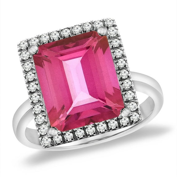 14K White Gold Natural Pink Topaz Ring Diamond Accent 12x10 mm Octagon, size 10