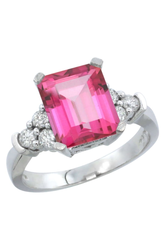 14K White Gold Natural Pink Topaz Ring Octagon 9x7mm Diamond Accent, size 7