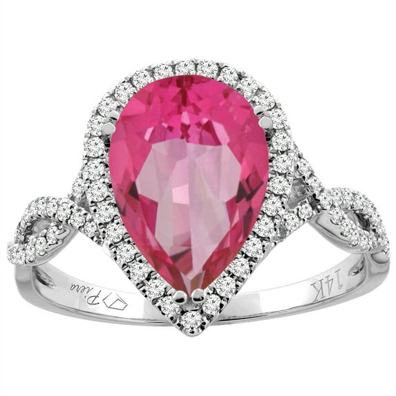 14K White Gold Natural Pink Topaz Ring Pear Shape 12x8 mm Diamond Accents, size 9