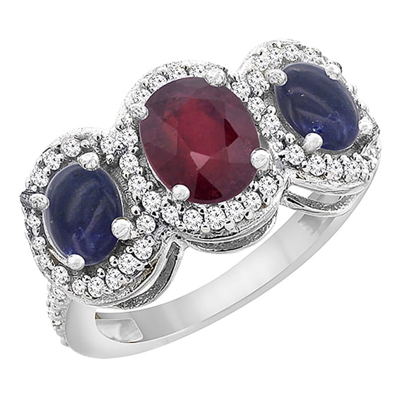 14K White Gold Natural Quality Ruby & Lapis 3-stone Mothers Ring Oval Diamond Accent, size 5