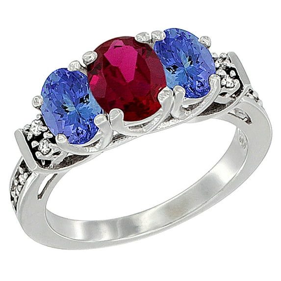 14K White Gold Natural Quality Ruby & Tanzanite 3-stone Mothers Ring Oval Diamond Accent, size 7.5