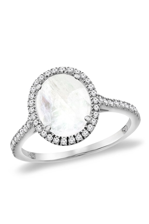 14K White Gold Natural Rainbow Moonstone Diamond Halo Engagement Ring 10x8 mm Oval, size 7