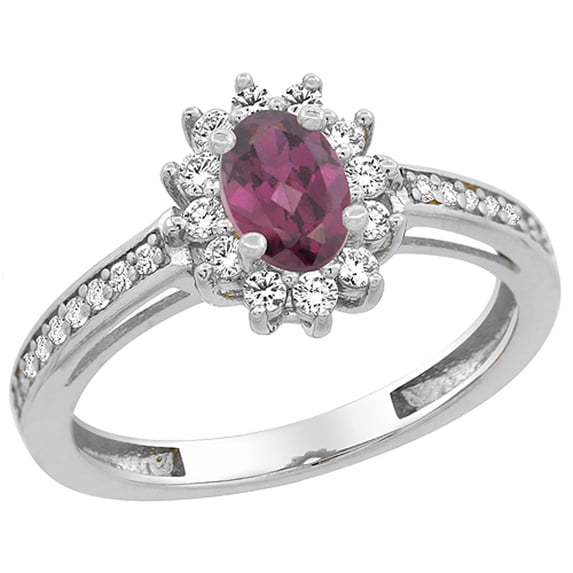 14K White Gold Natural Rhodolite Flower Halo Ring Oval 6x4mm Diamond Accents, size 10