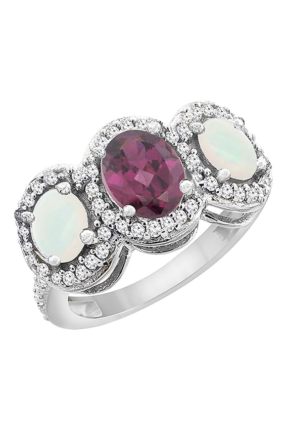 14K White Gold Natural Rhodolite & Opal 3-Stone Ring Oval Diamond Accent, size 7