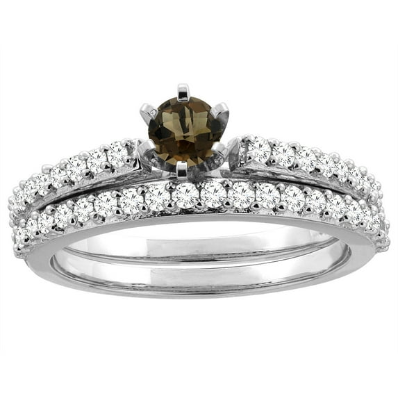 14K White Gold Natural Smoky Topaz 2-piece Bridal Ring Set Round 4mm ...