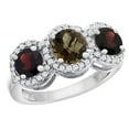 thumbnail image 1 of 14K White Gold Natural Smoky Topaz & Garnet Sides Round 3-stone Ring Diamond Accents, size 7, 1 of 2