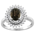 thumbnail image 1 of 14K White Gold Natural Smoky Topaz Ring Oval 8x6 mm Double Halo Diamond Accents, size 6.5, 1 of 3