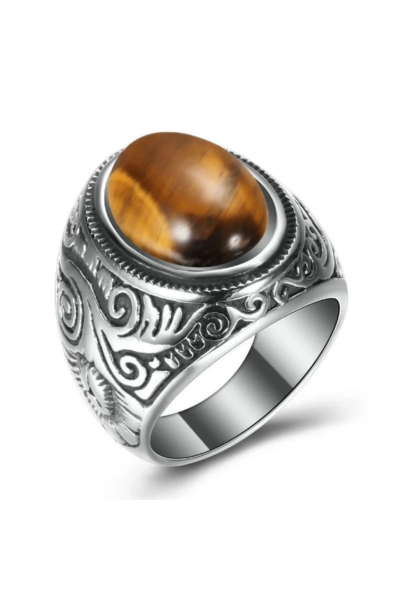 14K White Gold Natural Stone Ring For Men Women Vintage Jewelry Tiger Eyes Rings Male Finger Accessories Gifts