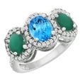 thumbnail image 1 of 14K White Gold Natural Swiss Blue Topaz & Emerald 3-Stone Ring Oval Diamond Accent, size 5.5, 1 of 2