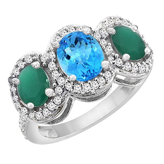 14K White Gold Natural Swiss Blue Topaz & Emerald 3-Stone Ring Oval Diamond Accent, size 7