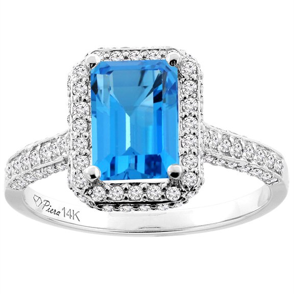 14K White Gold Natural Swiss Blue Topaz Engagement Ring Octagon 8x6 mm, size 9