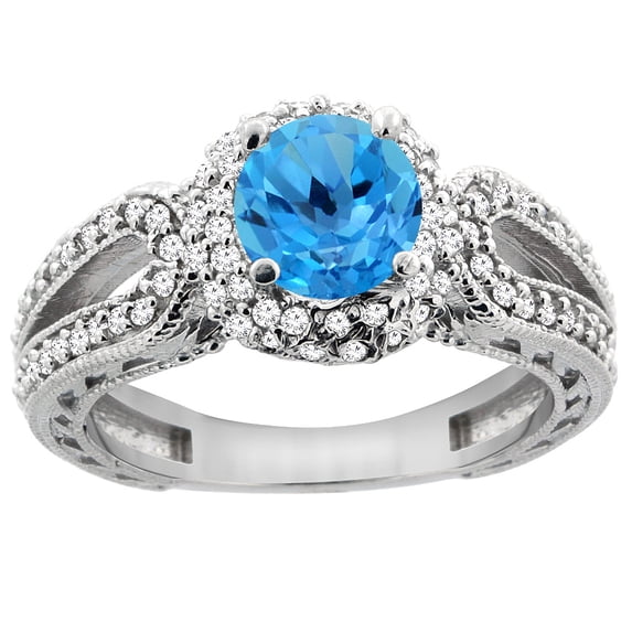 14K White Gold Natural Swiss Blue Topaz Engagement Ring Round 6mm Engraved Split Shank Diamond Accents, size 6.5
