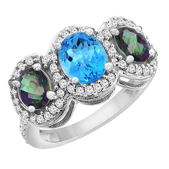14K White Gold Natural Swiss Blue Topaz & Mystic Topaz 3-Stone Ring Oval Diamond Accent, size 5.5