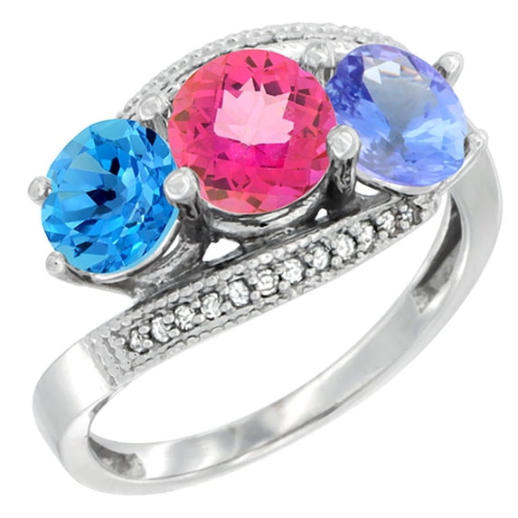 14K White Gold Natural Swiss Blue Topaz, Pink Topaz & Tanzanite 3 stone Ring Round 6mm Diamond Accent, size 10