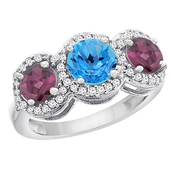 14K White Gold Natural Swiss Blue Topaz & Rhodolite Sides Round 3-stone Ring Diamond Accents, size 6.5