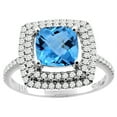 thumbnail image 1 of 14K White Gold Natural Swiss Blue Topaz Ring Cushion Cut 7x7 mm Double Halo Diamond Accents, size 7, 1 of 3