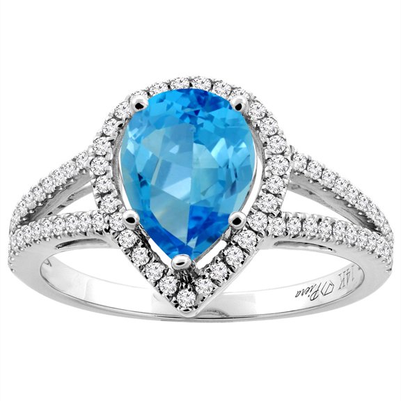 14K White Gold Natural Swiss Blue Topaz Ring Pear Shape 9x7 mm Diamond Accents, size 7.5