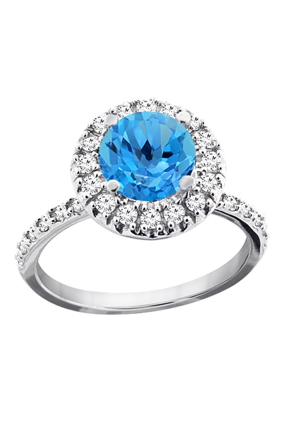 14K White Gold Natural Swiss Blue Topaz Ring Round 8mm Floating Halo Diamond, size 10