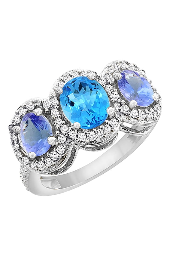 14K White Gold Natural Swiss Blue Topaz & Tanzanite 3-Stone Ring Oval Diamond Accent, size 6