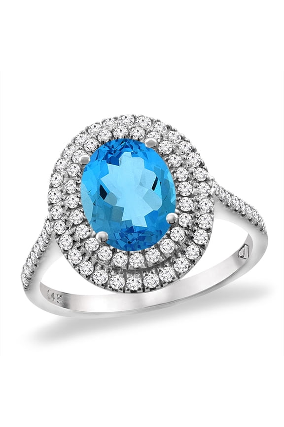 14K White Gold Natural Swiss Blue Topaz Two Halo Diamond Engagement Ring 9x7 mm Oval, size 10