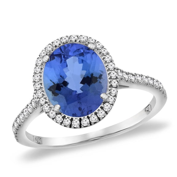 14K White Gold Natural Tanzanite Diamond Halo Engagement Ring 10x8 mm Oval, size 9.5