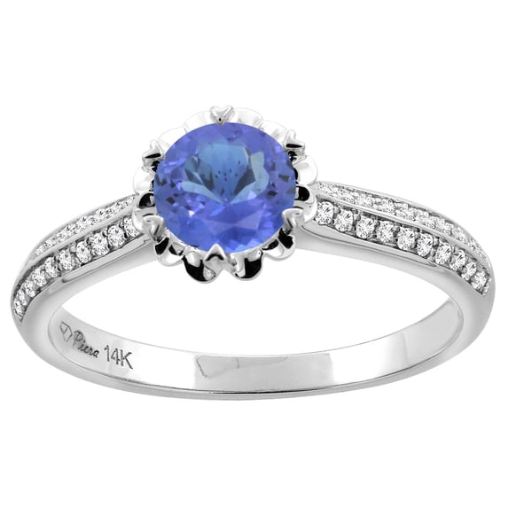 14K White Gold Natural Tanzanite Engagement Ring Round 6 mm & Diamond Accents, size 6.5