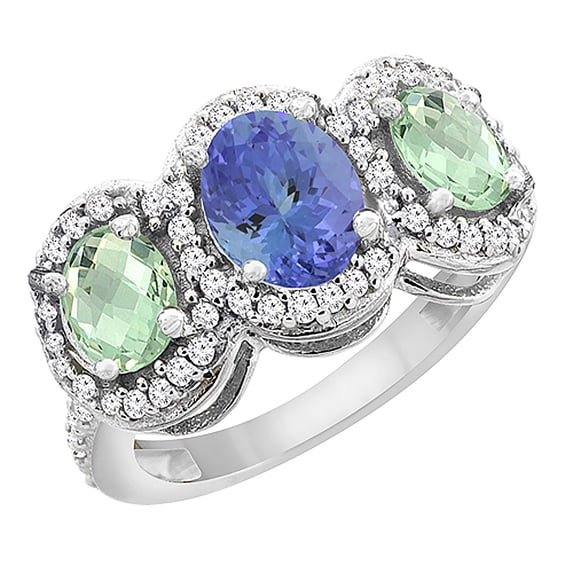 14K White Gold Natural Tanzanite & Green Amethyst 3-Stone Ring Oval Diamond Accent, size 7