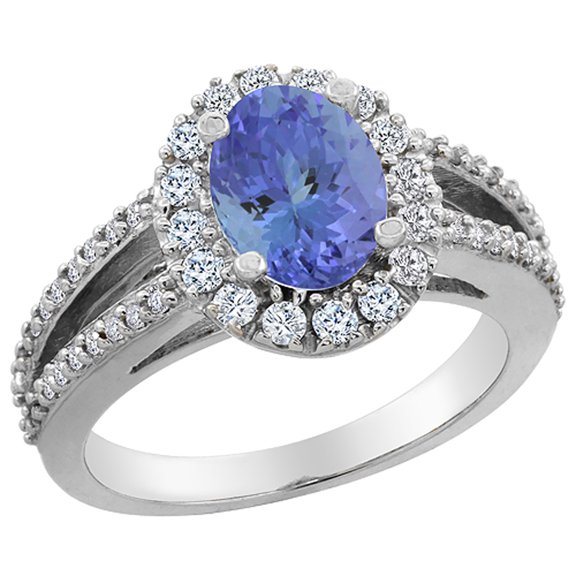 14K White Gold Natural Tanzanite Halo Ring Oval 8x6 mm with Diamond Accents, size 7