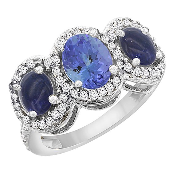 14K White Gold Natural Tanzanite & Lapis 3-Stone Ring Oval Diamond Accent, size 6