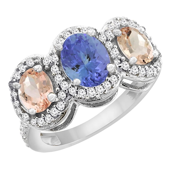 14K White Gold Natural Tanzanite & Morganite 3-Stone Ring Oval Diamond Accent, size 10