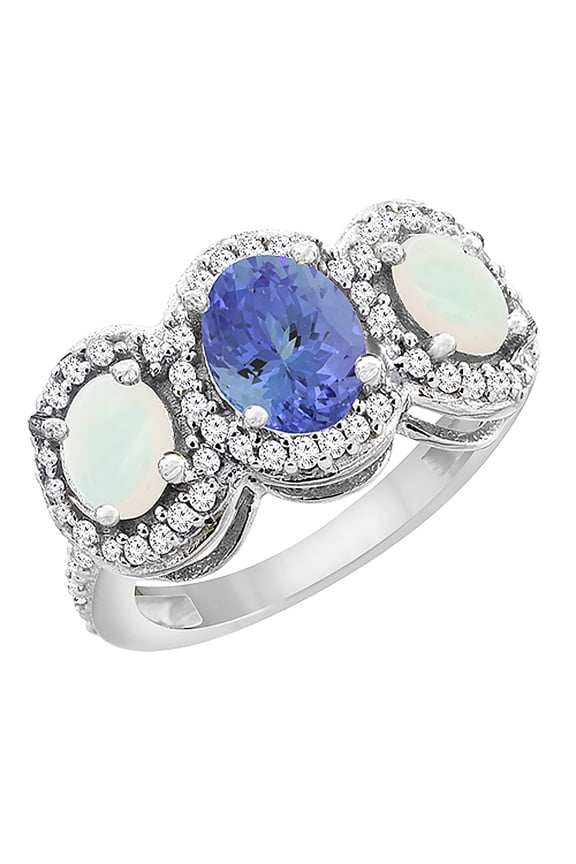14K White Gold Natural Tanzanite & Opal 3-Stone Ring Oval Diamond Accent, size 5.5