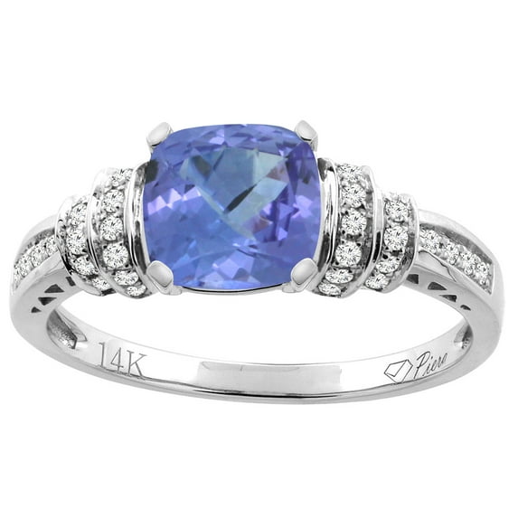 14K White Gold Natural Tanzanite Ring Cushion Cut 7x7 mm Diamond Accents, size 8
