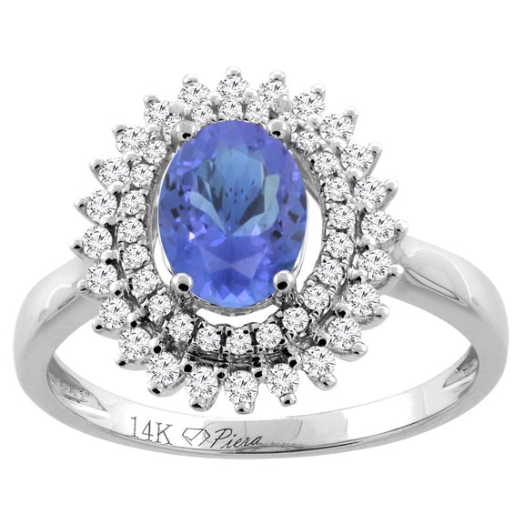 14K White Gold Natural Tanzanite Ring Oval 8x6 mm Double Halo Diamond Accents, size 10