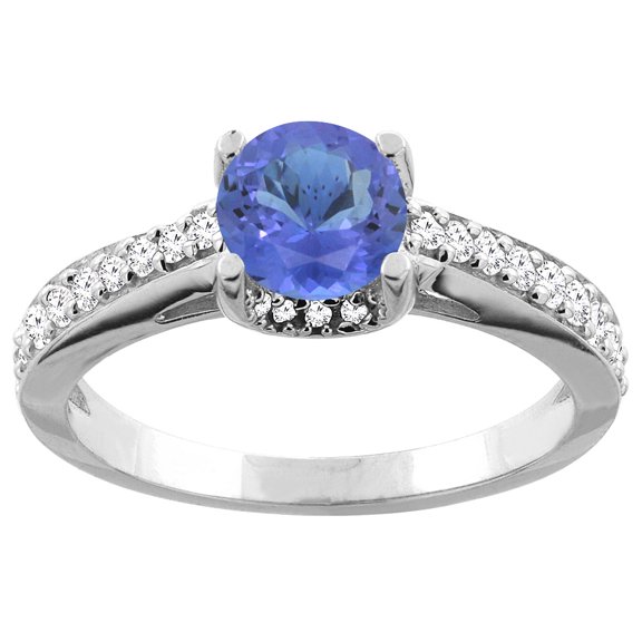 14K White Gold Natural Tanzanite Ring Round 6mm Diamond Accents 1/4 inch wide, size 8.5
