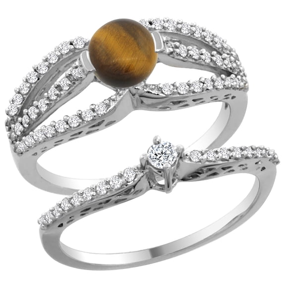 14K White Gold Natural Tiger Eye 2-piece Engagement Ring Set Round 5mm, size 7
