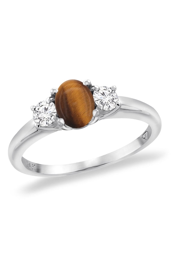 14K White Gold Natural Tiger Eye Engagement Ring Diamond Accents Oval 7x5 mm, size 10