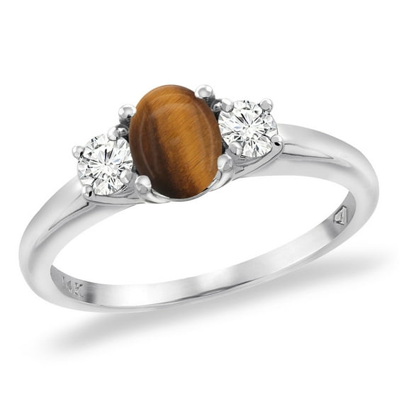 14K White Gold Natural Tiger Eye Engagement Ring Diamond Accents Oval 7x5 mm, size 9
