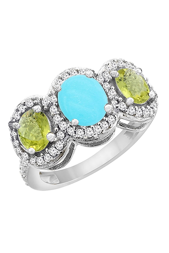 14K White Gold Natural Turquoise & Lemon Quartz 3-Stone Ring Oval Diamond Accent, size 10