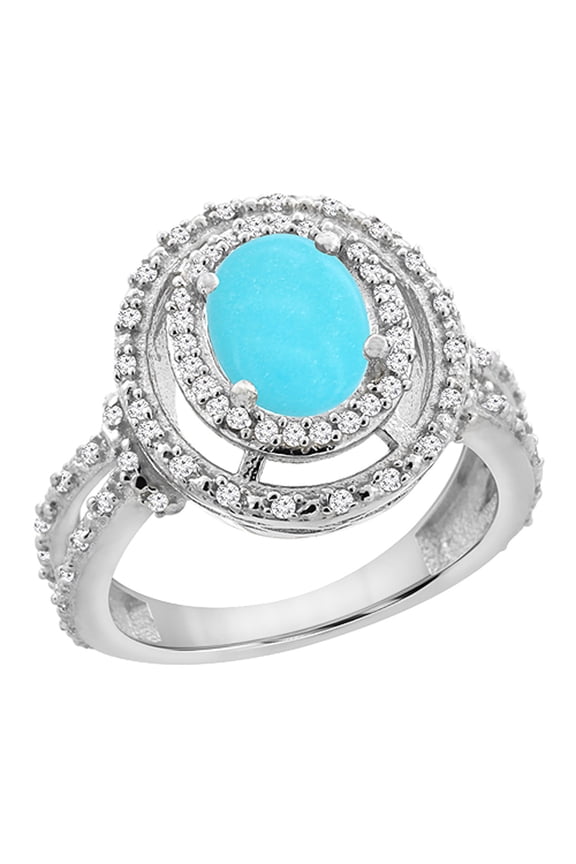 14K White Gold Natural Turquoise Ring Oval 8x6 mm Double Halo Diamond, size 6