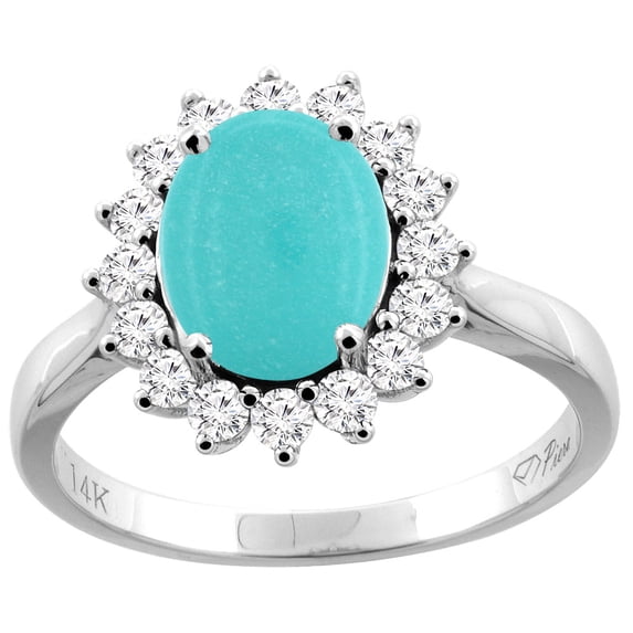14K White Gold Natural Turquoise Ring Oval 9x7 mm Diamond Accents, size 10