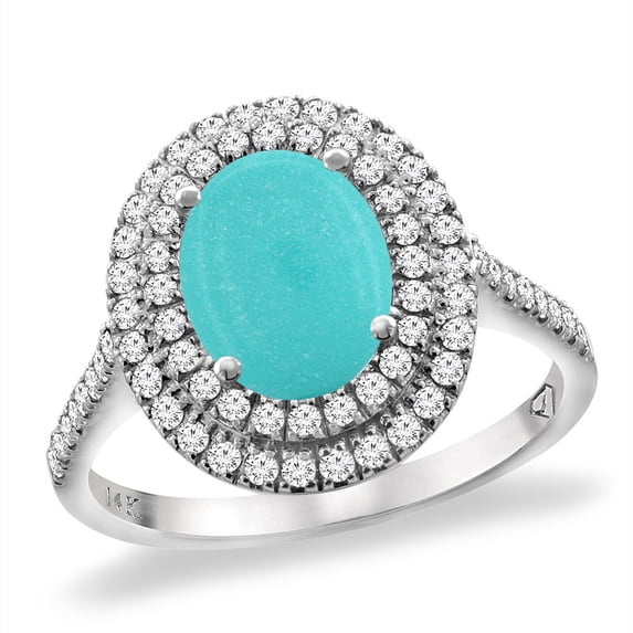 14K White Gold Natural Turquoise Two Halo Diamond Engagement Ring 9x7 mm Oval, size 10