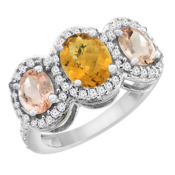 14K White Gold Natural Whisky Quartz & Morganite 3-Stone Ring Oval Diamond Accent, size 9