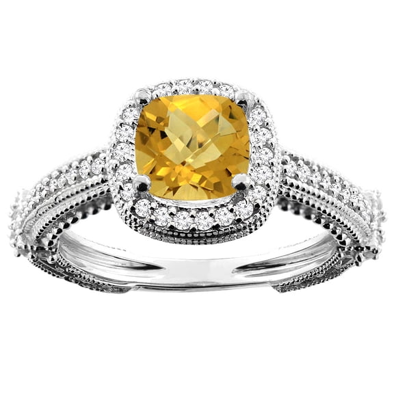 14K White Gold Natural Whisky Quartz Ring Cushion 7x7mm Diamond Accent, size 5.5