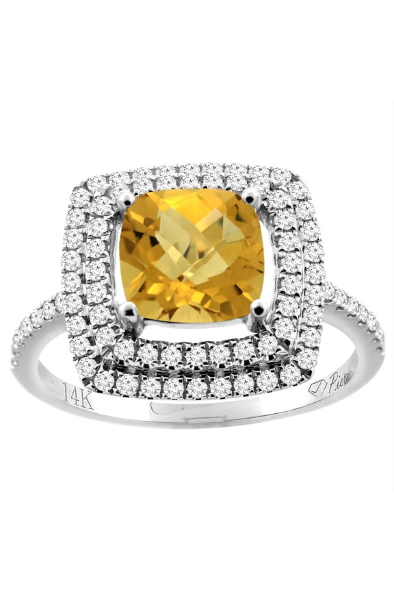 14K White Gold Natural Whisky Quartz Ring Cushion Cut 7x7 mm Double Halo Diamond Accents, size 7
