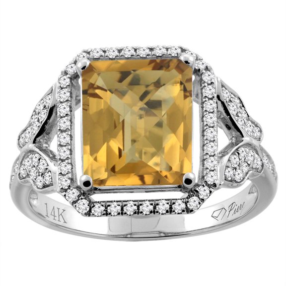 14K White Gold Natural Whisky Quartz Ring Octagon Shape 10x8 mm Diamond Accents, size 5