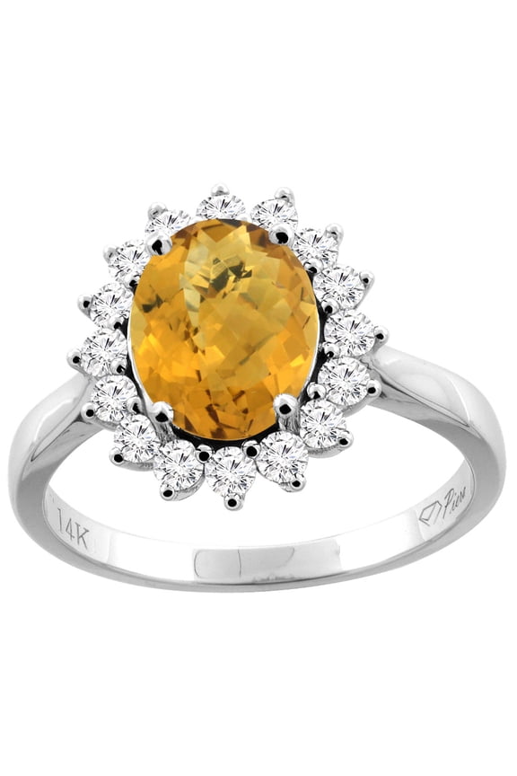 14K White Gold Natural Whisky Quartz Ring Oval 9x7 mm Diamond Accents, size 9.5
