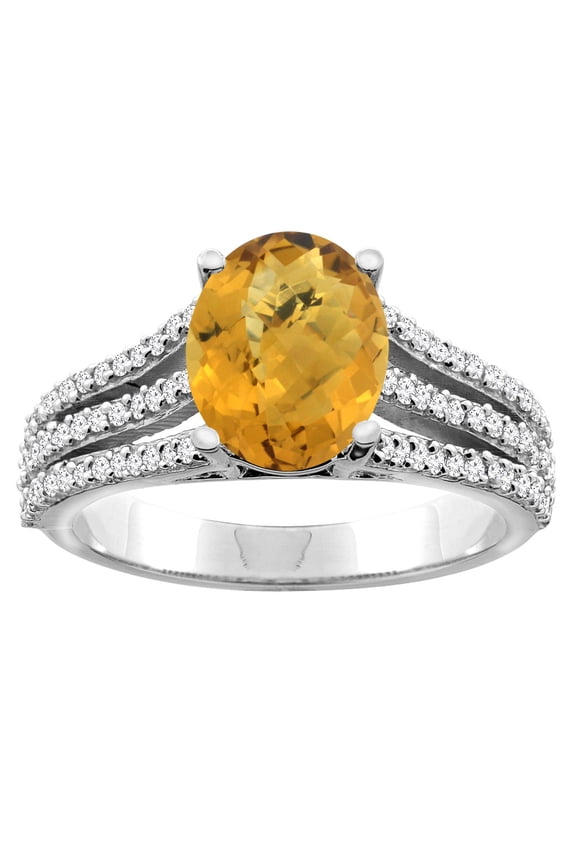 14K White Gold Natural Whisky Quartz Tri-split Ring Oval 9x7mm Diamond Accents, size 5